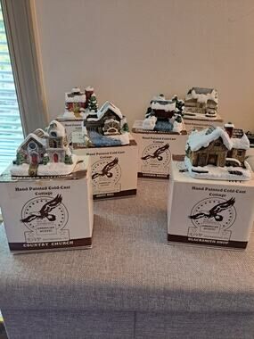 1989 American Rustic Hand-Painted Cold-Cast Christmas Village Complete Set